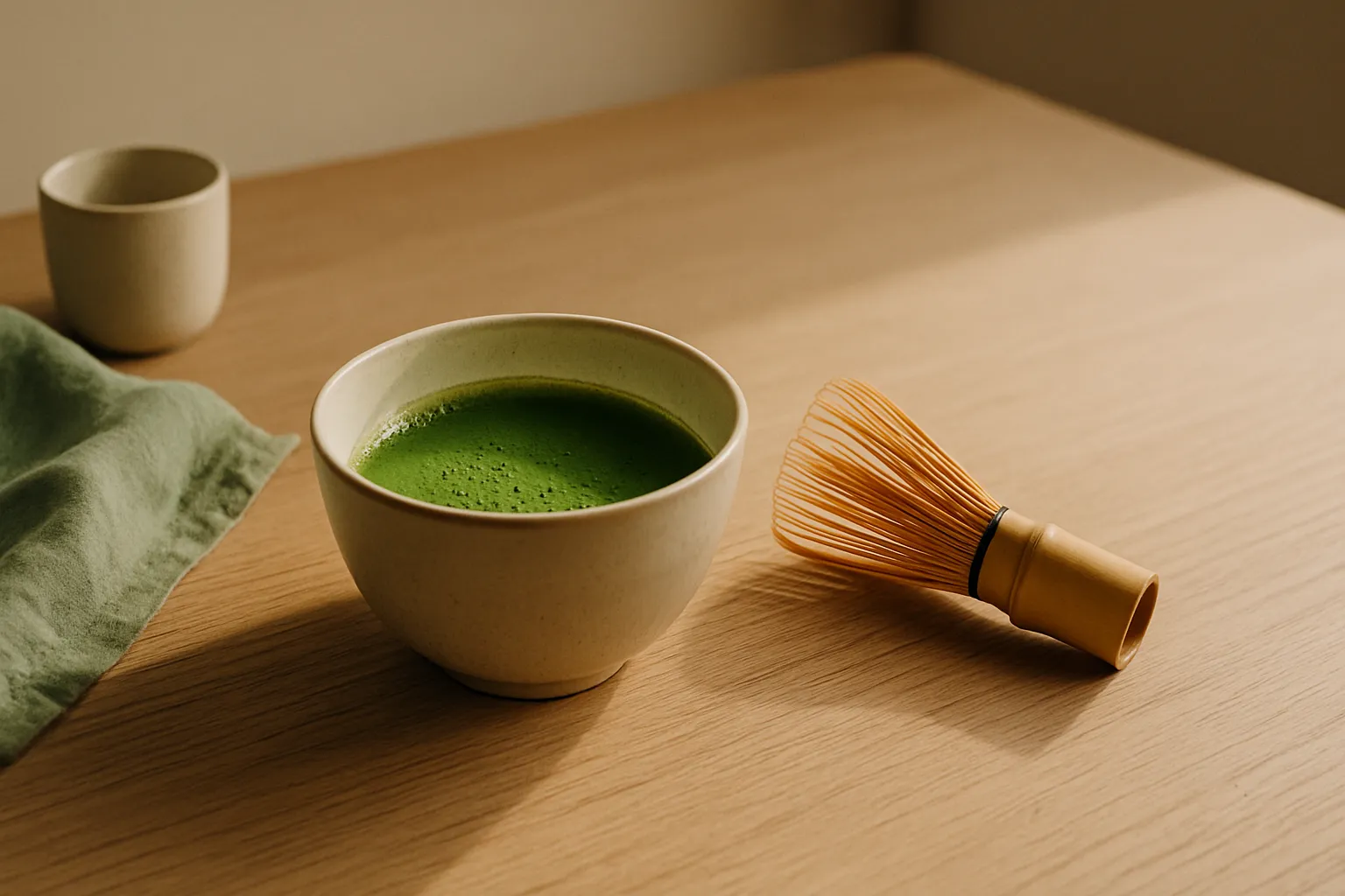 A quiet matcha ritual with a ceramic bowl and bamboo whisk