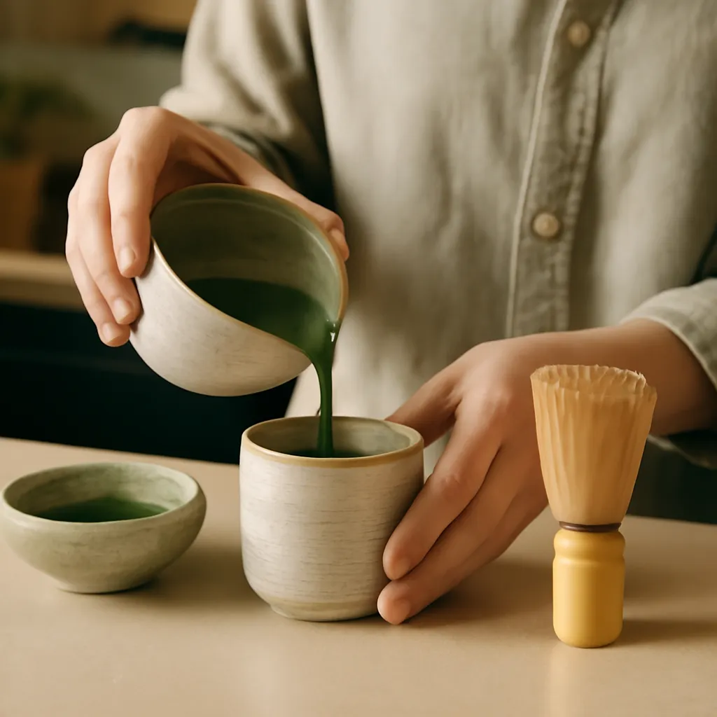 A matcha cup being prepared with a bamboo whisk